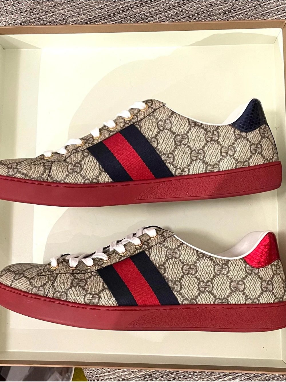 Gucci Beige GG Supreme Sneakers with Red & Navy Web